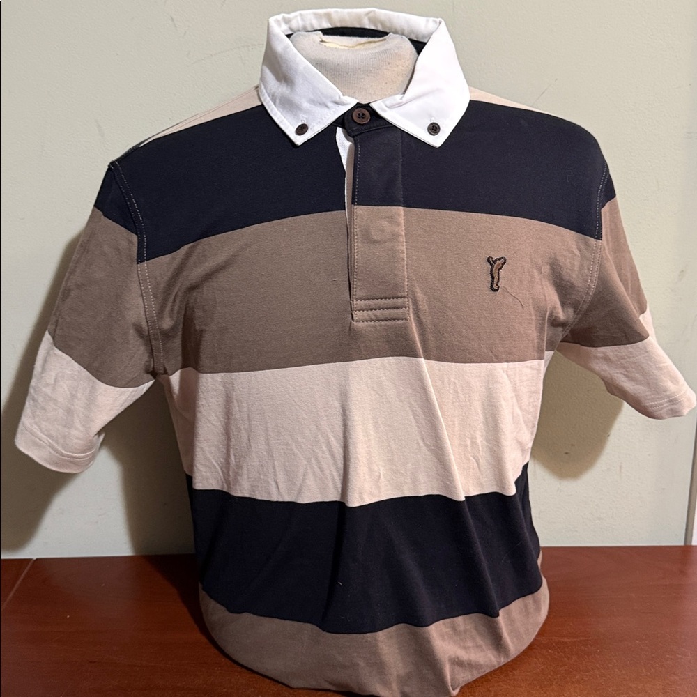 GOLFINO MEN'S STRIPED GOLF POLO 100% COTTON ML BROWN BLACK MULTI NWOT